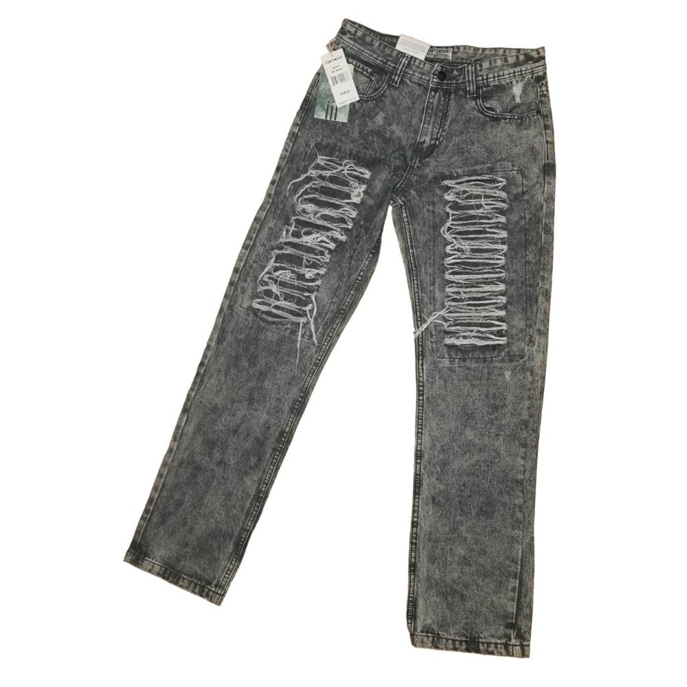 NWT Mens Black Acid Wash Ripped Straight Cut Denim Jeans Size 32x32